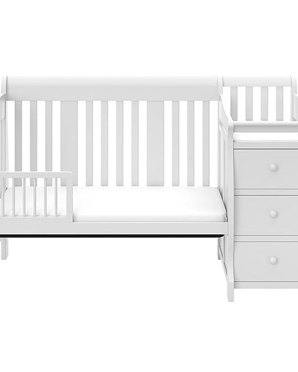 Storkcraft Portofino 5-in-1 Convertible Crib and Changer (White) – Changing-Table Combo with Drawer, Converts to Toddler Bed, Daybed Full-Size Storage Drawer - LeafyLoom