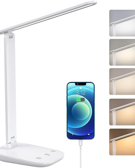 LED Desk Lamp, BSRANE Dimmable Table Lamp with USB Charging Port, 5 Colors & 15%-100% Stepless Dimming, Sensitive Control Memory Function, Eye-Caring Desk Lamp for Reading Bedroom Bedside Study Office - LeafyLoom