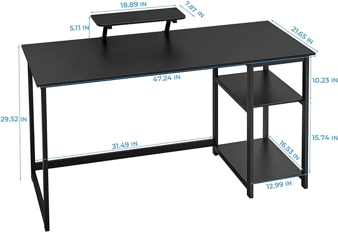GreenForest Computer Home Office Desk with Monitor Stand and Storage Shelves on Left or Right Side,47 inch Modern Writing Study PC Laptop Work Table,Black - LeafyLoom