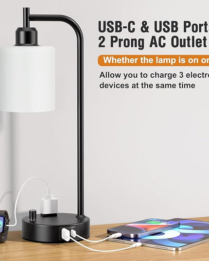 Industrial Bedroom Lamps for Nightstand Set of 2 - Fully Dimmable Bedside Lamps with USB A C Ports and Outlet, Black Table Lamps with Opal Glass Shade for Living Room, Desk Lamps for Office Reading - LeafyLoom