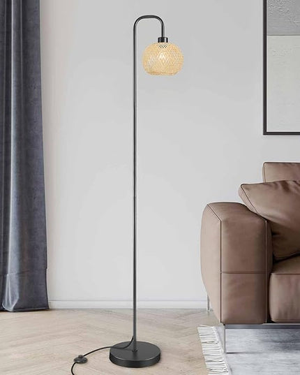 Boho Floor Lamp for Living Room, Industrial Standing Lamp with Handmade Rattan Natural Bamboo Lantern Mini Shade, Tall Pole Light with E26 Socket for Bedroom, Farmhouse,Black(NO Bulb) - LeafyLoom