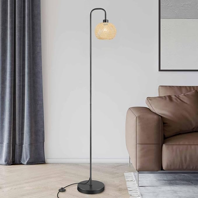Boho Floor Lamp for Living Room, Industrial Standing Lamp with Handmade Rattan Natural Bamboo Lantern Mini Shade, Tall Pole Light with E26 Socket for Bedroom, Farmhouse,Black(NO Bulb) - LeafyLoom