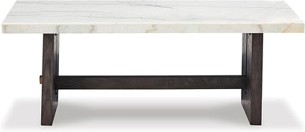Signature Design by Ashley Burkhaus Traditional Rectangular Coffee Table with Marble Tabletop, Dark Brown & White - LeafyLoom