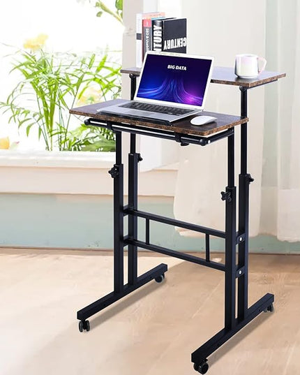AIZ Double Adjustable Computer Desk Home Office Workstation with Rolling Wheels, Portable Laptop Table for Standing or Sitting, Adults or Children,Brown, Black & Yellow - LeafyLoom