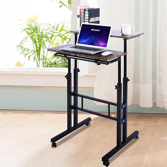AIZ Double Adjustable Computer Desk Home Office Workstation with Rolling Wheels, Portable Laptop Table for Standing or Sitting, Adults or Children,Brown, Black & Yellow - LeafyLoom
