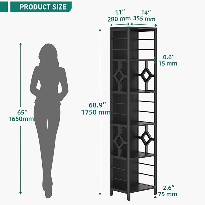 YITAHOME Narrow Bookshelf, 5-Tier Industrial Book Shelf Storage Rack, Display Shelves Stand Etagere for Small Spaces, Open Bookcase for Bedroom Living Room Bathroom Kitchen, Black - LeafyLoom