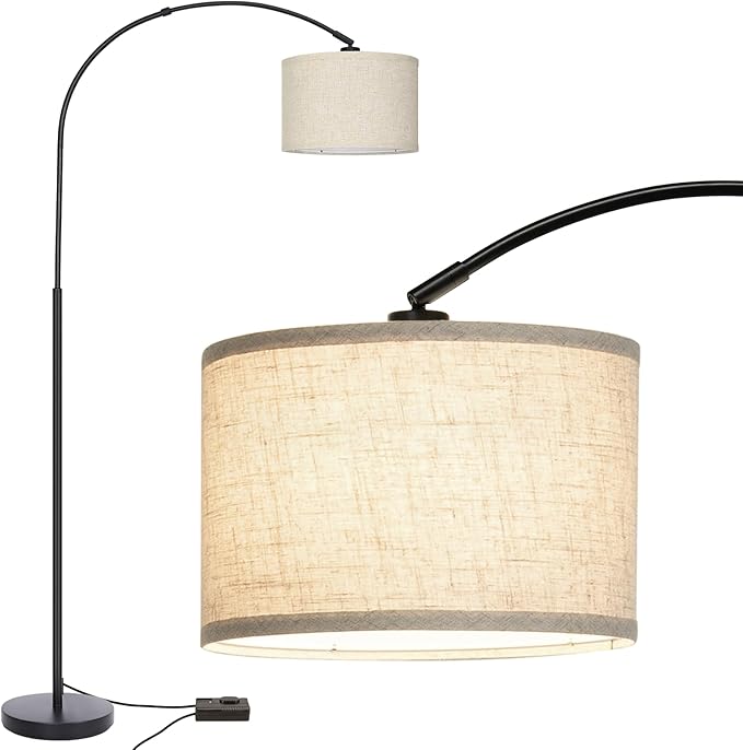 Dimmable Floor Lamp, Arc Floor Lamp with Dimmer, Black Standing Lamp with Adjustable Hanging Shade, Over Couch Tall Reading Light, Modern Pole Lamp for Living Room Bedroom, 9W LED Bulb Included - LeafyLoom