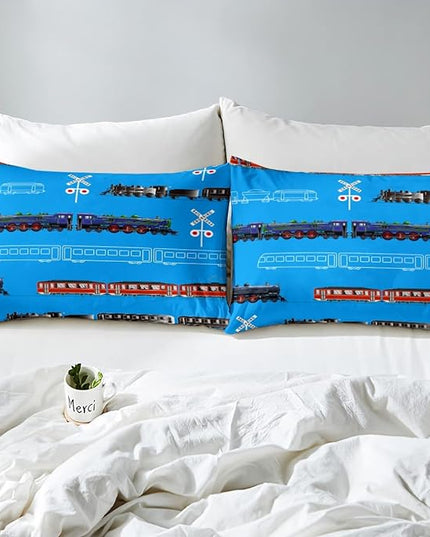 Feelyou Boys Train Twin Size Comforter Set Cartoon Car Toddler Bedding Set for Kids Teens Vintage Car Track Comforter Red Blue Black Decor Quilt Set Room 2Pcs - LeafyLoom