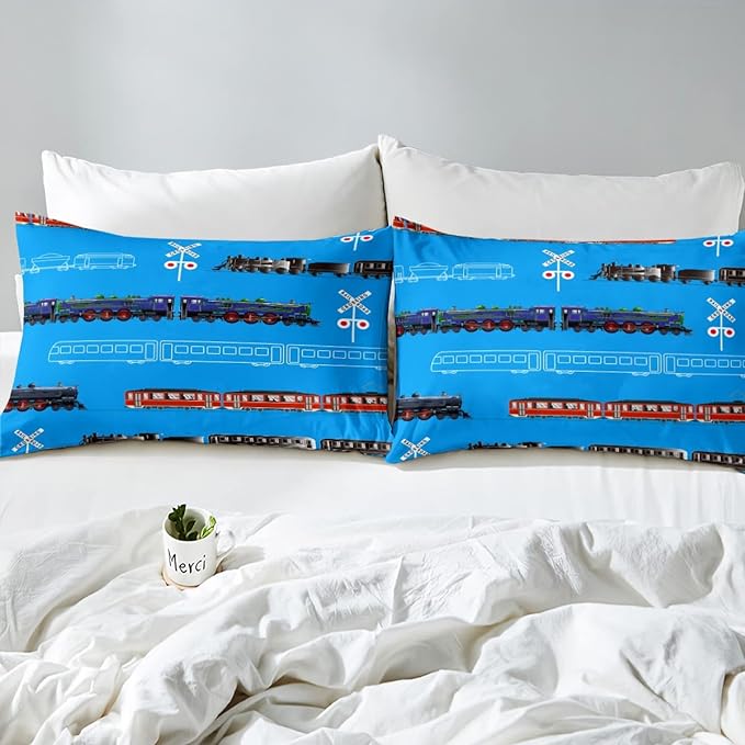 Feelyou Boys Train Twin Size Comforter Set Cartoon Car Toddler Bedding Set for Kids Teens Vintage Car Track Comforter Red Blue Black Decor Quilt Set Room 2Pcs - LeafyLoom