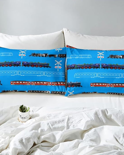 Feelyou Train Kids Boys Comforter Set Retro Steam Engine Toddler Bedding Set for Teens Railway Track Transport Comforter Red Blue Black Decor Quilt Set Room 3Pcs Queen Size - LeafyLoom