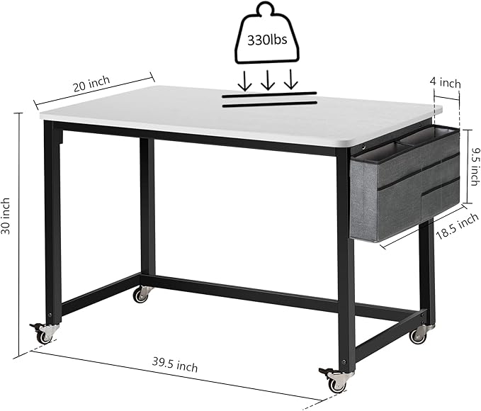 AHB 39" Rolling Computer Desk with 4 Smooth Wheels, Simple Style Mobile Writing Desk Home Office Study Table Movable Workstation with Metal Frame - LeafyLoom