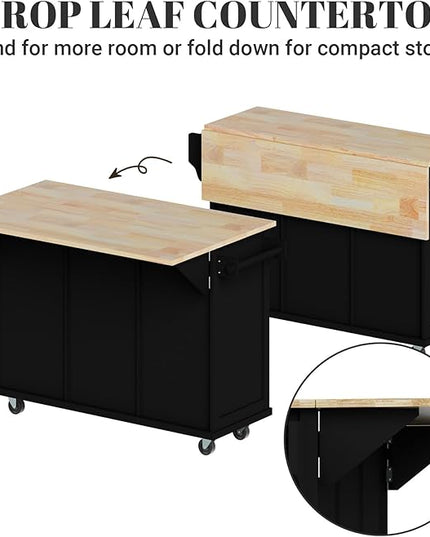 Kitchen Island with Drop Leaf and Storage 53in Rolling Kitchen Island On Wheels Black Large Mobile Kitchen Island Cart with Drawers Cabinet Spice Rack Towel Rack Storage for Kitchen - LeafyLoom