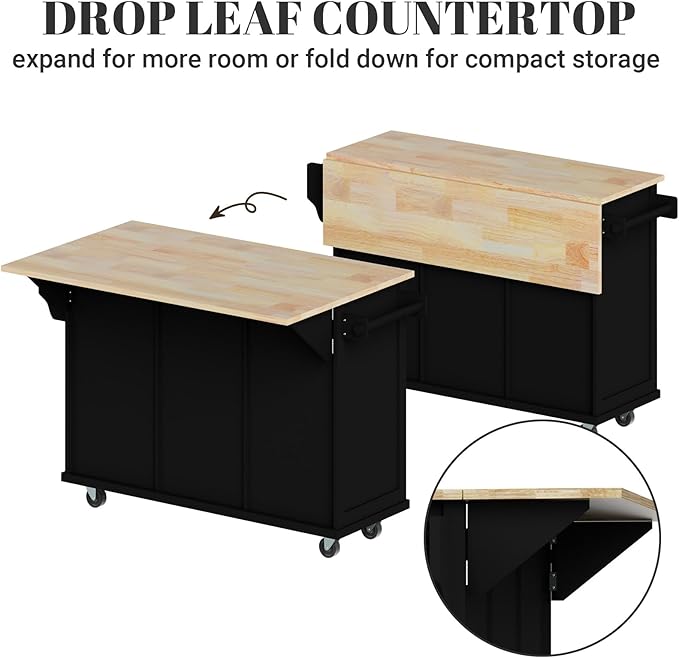 Kitchen Island with Drop Leaf and Storage 53in Rolling Kitchen Island On Wheels Black Large Mobile Kitchen Island Cart with Drawers Cabinet Spice Rack Towel Rack Storage for Kitchen - LeafyLoom