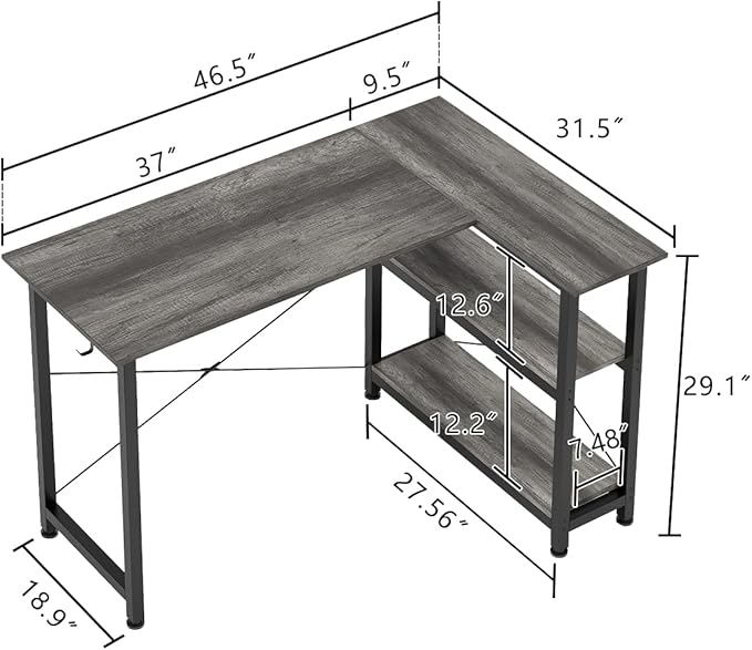 COTUBLR L Shaped Computer Desk, 47 Inch Small Corner Desk with Storage Shelves, Computer Desk Table Laptop Table Writing Desk Study Table for Home Office Workstation Small Spaces (Grey Oak) - LeafyLoom