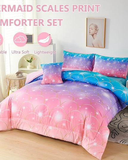 PERFEMET Pink Purple Mermaid Comforter Queen Size 6 Pieces Girls Bedding Set Colorful Rainbow Ombre Bed in A Bag Mermaid Scale Print Queen Comforter Set with Sheets - LeafyLoom