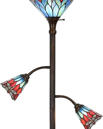 Bieye L10837 Dragonfly Tiffany Style Stained Glass Torchiere Floor Lamp with Sidelights for Reading, 70-inches Tall (Dragonfly, Red Blue) - LeafyLoom