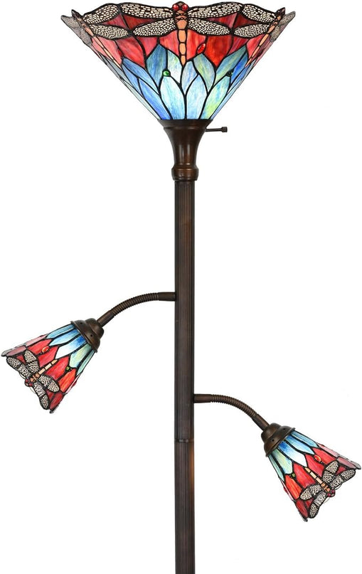 Bieye L10837 Dragonfly Tiffany Style Stained Glass Torchiere Floor Lamp with Sidelights for Reading, 70-inches Tall (Dragonfly, Red Blue) - LeafyLoom