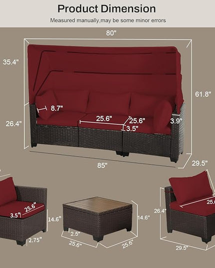 6 PCS Outdoor Patio Furniture Set,Sectional Sofa Set,Rattan Daybed with Retractable Canopy,Adjustable Backrest,Storage Coffee Table,Chaise Chair Sunbed for Porch Garden Poolside Backyard(Red) - LeafyLoom
