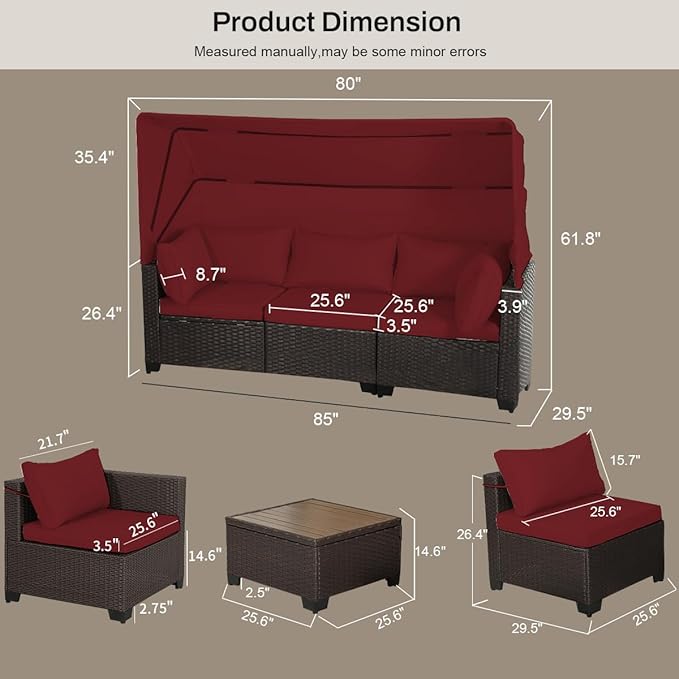 6 PCS Outdoor Patio Furniture Set,Sectional Sofa Set,Rattan Daybed with Retractable Canopy,Adjustable Backrest,Storage Coffee Table,Chaise Chair Sunbed for Porch Garden Poolside Backyard(Red) - LeafyLoom