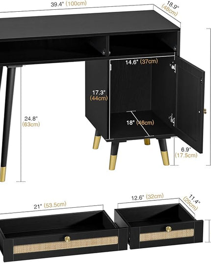 Anmytek Rattan Vanity Desk with Drawers and Storage, Black Makeup Vanity Table Modern Home Office Desk Computer Desk for Study D0005 - LeafyLoom