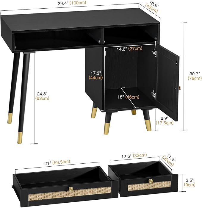 Anmytek Rattan Vanity Desk with Drawers and Storage, Black Makeup Vanity Table Modern Home Office Desk Computer Desk for Study D0005 - LeafyLoom