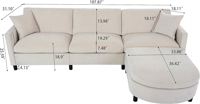 L Shaped Convertible Modular Sectional Couch with Movable Ottoman and Detachable Backrest , 4 Seater Reversible Corner Sofa ,Comfy Chenille Upholstered Sleeper Sofa&Couches for Living Room Office - LeafyLoom