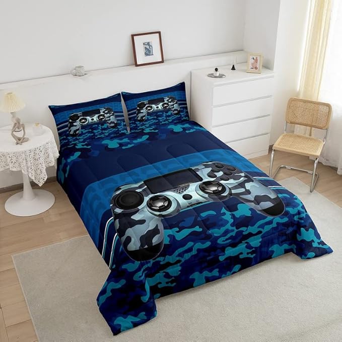 Feelyou Gamer Comforter Set Camouflage Gaming Video Game Bedding Set for Kids Boys Children Blue Camo Gamer Console Comforter Soft Gamepad Decor Quilt Set Twin Size - LeafyLoom