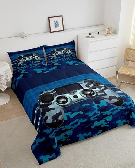 Feelyou Gamer Comforter Set Camouflage Gaming Video Game Bedding Set for Kids Boys Children Blue Camo Gamer Console Comforter Soft Gamepad Decor Quilt Set Queen Size - LeafyLoom