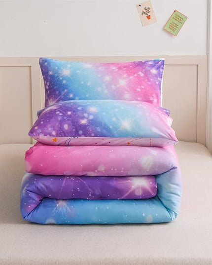 Holawakaka Kids Space Star Glitter Comforter Set Ombre Pink & Blue Print Gradient Bedding Set Twin Size (Pink Lavender, Twin) - LeafyLoom