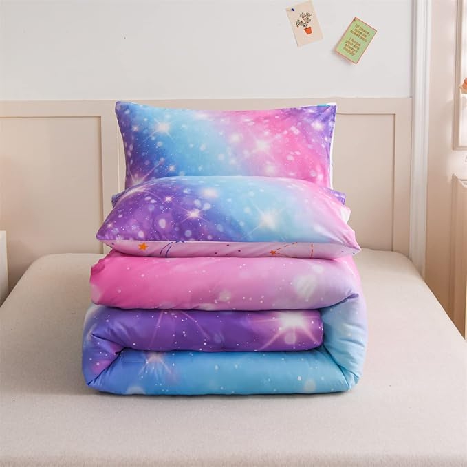 Holawakaka Kids Space Star Glitter Comforter Set Ombre Pink & Blue Print Gradient Bedding Set Twin Size (Pink Lavender, Twin) - LeafyLoom