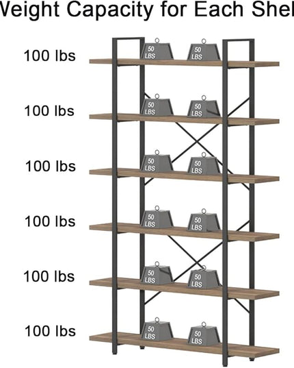 HSH Tall Bookcases and Book Shelves 6 Shelf, Metal Wooden Book Shelf and Storage Rack, Modern Etagere 6 Tier Bookshelf, Farmhouse Large Display Bookshelves for Bedroom Living Room Office, Rustic Oak - LeafyLoom