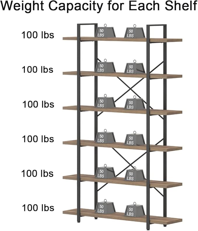 HSH Tall Bookcases and Book Shelves 6 Shelf, Metal Wooden Book Shelf and Storage Rack, Modern Etagere 6 Tier Bookshelf, Farmhouse Large Display Bookshelves for Bedroom Living Room Office, Rustic Oak - LeafyLoom