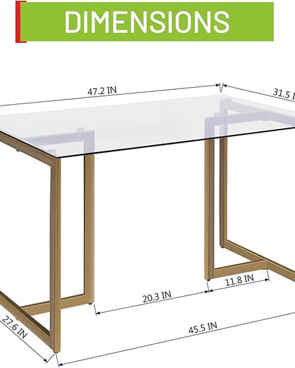 FurnitureR 47" Modern Rectangular Spacious Tempered Glass Tabletop & Gold Base Elegant Home Kitchen Room Dining Table, Gold - LeafyLoom