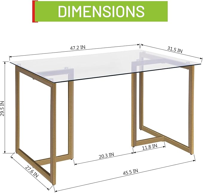FurnitureR 47" Modern Rectangular Spacious Tempered Glass Tabletop & Gold Base Elegant Home Kitchen Room Dining Table, Gold - LeafyLoom