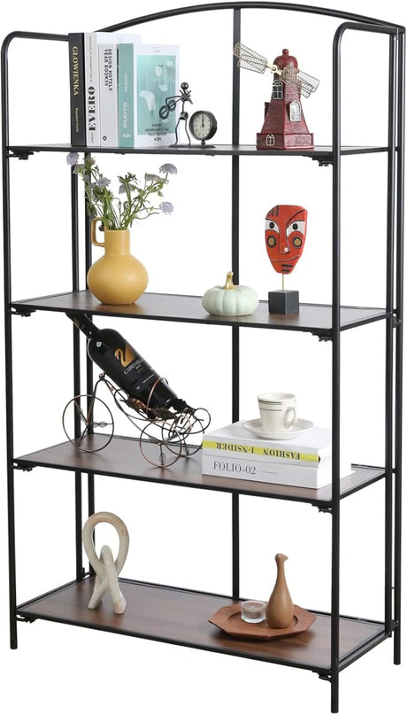 No Assembly Folding Bookshelf, 4 Tier Black Bookshelf, Metal Book Shelf for Storage, Folding Bookcase for Office Organization and Storage, 12.87" D x 30.9" W x 55.71" H - LeafyLoom