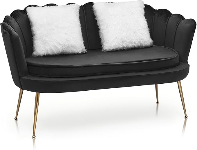 MoNiBloom 52" Black Velvet Loveseat Sofa with 2 Pillows, Modern 2-Seater Sofa Upholstered Tufted Love Seat Couch with Golden Metal Legs for Living Room Conference Room, 300 Lbs Capacity - LeafyLoom