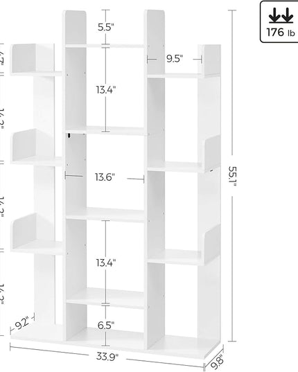 VASAGLE Bookshelf, Tree-Shaped Bookcase with 13 Storage Shelves, Rounded Corners, 9.8”D x 33.9”W x 55.1”H, White ULBC067W01 - LeafyLoom