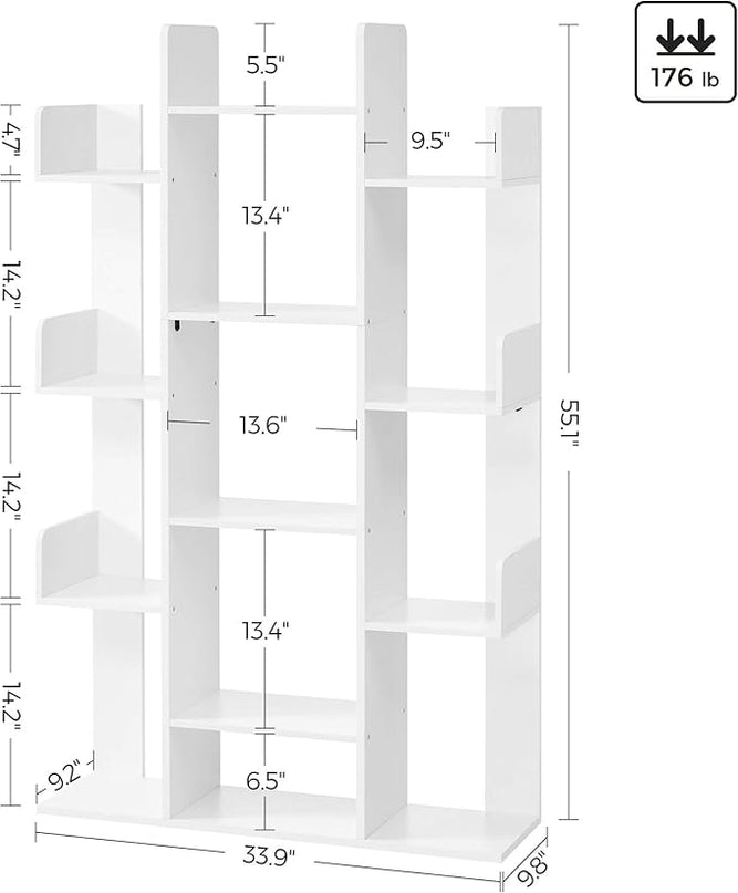 VASAGLE Bookshelf, Tree-Shaped Bookcase with 13 Storage Shelves, Rounded Corners, 9.8”D x 33.9”W x 55.1”H, White ULBC067W01 - LeafyLoom