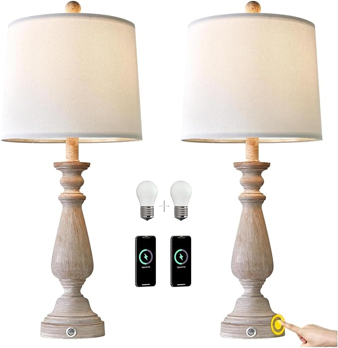 PORTRES 25.75" 3 - Way Dimmable Touch Lamps Set of 2 for Bedroom Rustic Bedside Lamp with USB A+C Charging Ports for Living room Kids Room Study Room (2 Bulbs Included) - LeafyLoom