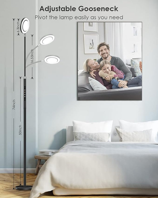 LED Floor Lamp for Bedroom, 24W 2400LM 74 Inch Standing Lamp with 3 Color Temperatures, Modern floor Reading Lamp with Remote & Touch Control, Adjustable gooseneck floor lamp for Office Reading - LeafyLoom