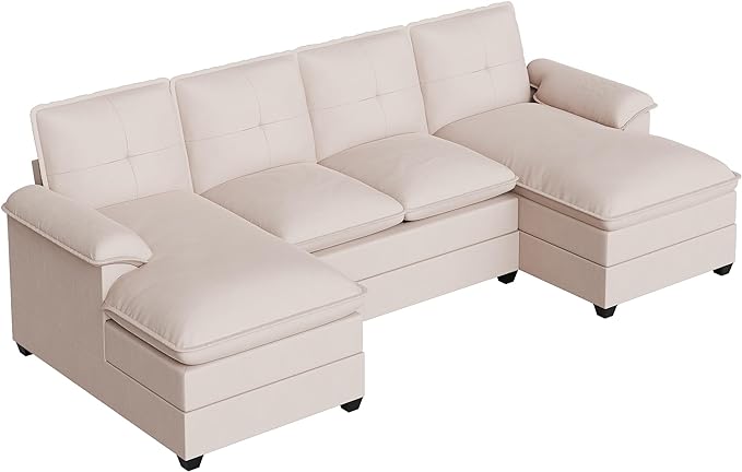 Shintenchi 110" Modular Sectional Couches for Living Room, U-Shaped Sofa Couch with Double Chaise, 4 Seat Sofa Sets with Thick Cushion & Soft Backrest, Beige - LeafyLoom