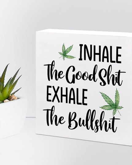 Funny Office Wood Sign,Inhale Exhale Meditation Quote Wood Block Sign Desk Decor,Funny Wooden Box Plaque Sign Desk Decor for Home Yoga Room Meditation Space Shelf Table Decorations - LeafyLoom