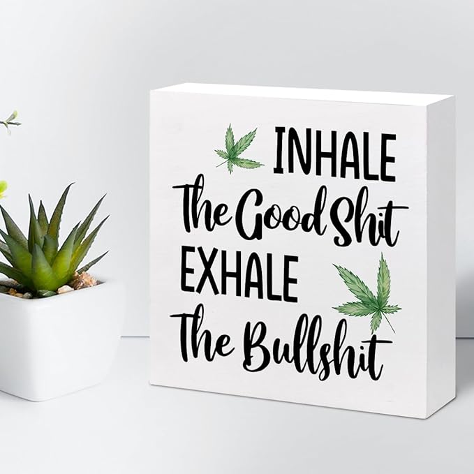 Funny Office Wood Sign,Inhale Exhale Meditation Quote Wood Block Sign Desk Decor,Funny Wooden Box Plaque Sign Desk Decor for Home Yoga Room Meditation Space Shelf Table Decorations - LeafyLoom
