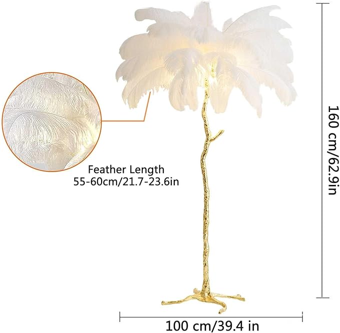 Ostrich Feather Floor Lamp Modern Ostrich Feather LED feather lamp floor Lamp Dimmable Standing feather floor lamp for Living Room Bedroom（White） - LeafyLoom