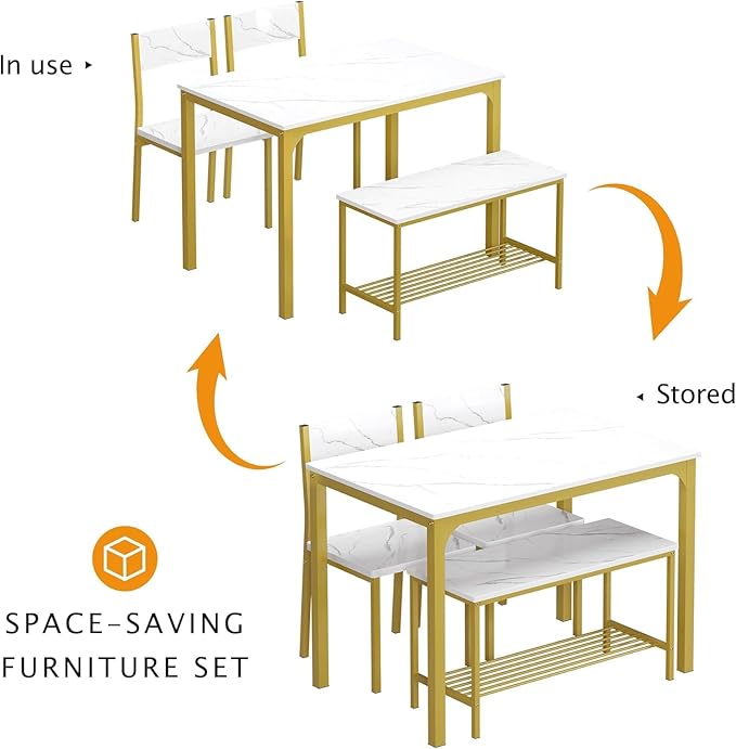 sogesfurniture 4 Piece Dining Table Set, Dining Room Set, Kitchen Dinner Table with Benches for 4, includes Table, 2 Chairs & Bench, White Gold - LeafyLoom