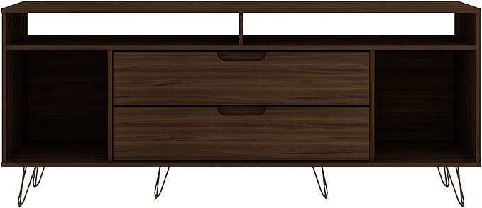 Manhattan Comfort Rockefeller Modern 2 Drawers Living Room Television Stand with Metal Legs, 62.99", Brown - LeafyLoom