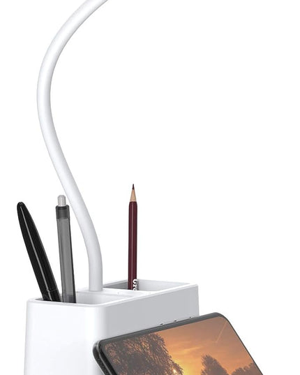 AXX Small Desk Lamps for Home Office, White Desk Light for Kids, LED Desktop/Computer Study Lamps for Bedrooms, Rechargeable, Pen Holder, Mini, Adjustable Gooseneck Table Lamp for College Dorm Room - LeafyLoom