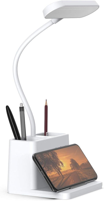 AXX Small Desk Lamps for Home Office, White Desk Light for Kids, LED Desktop/Computer Study Lamps for Bedrooms, Rechargeable, Pen Holder, Mini, Adjustable Gooseneck Table Lamp for College Dorm Room - LeafyLoom