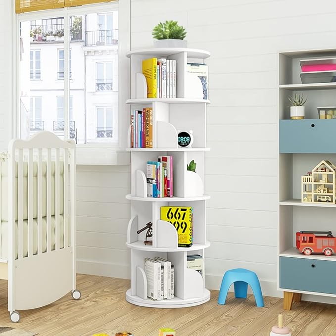 Nisorpa 5 Tier Rotating Bookshelf, 360° Revolving Bookcase Rotating Stackable Shelves Floor-Standing Storage Display Rack Used in Bedrooms Living Rooms Study Office (63"x18"x18") - LeafyLoom