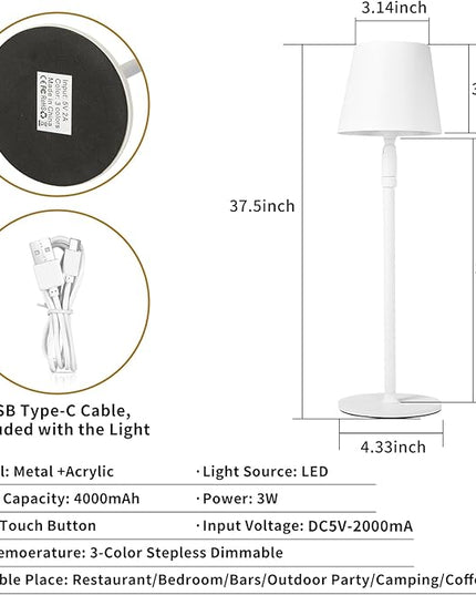 Cordless Table Lamp,Portable LED Desk Lamp, Battery Operated, 3 Color Stepless Dimming Up, for Restaurant/Bedroom/Bars/Outdoor Party/Camping/Coffee Shop Night Light。 (White) - LeafyLoom